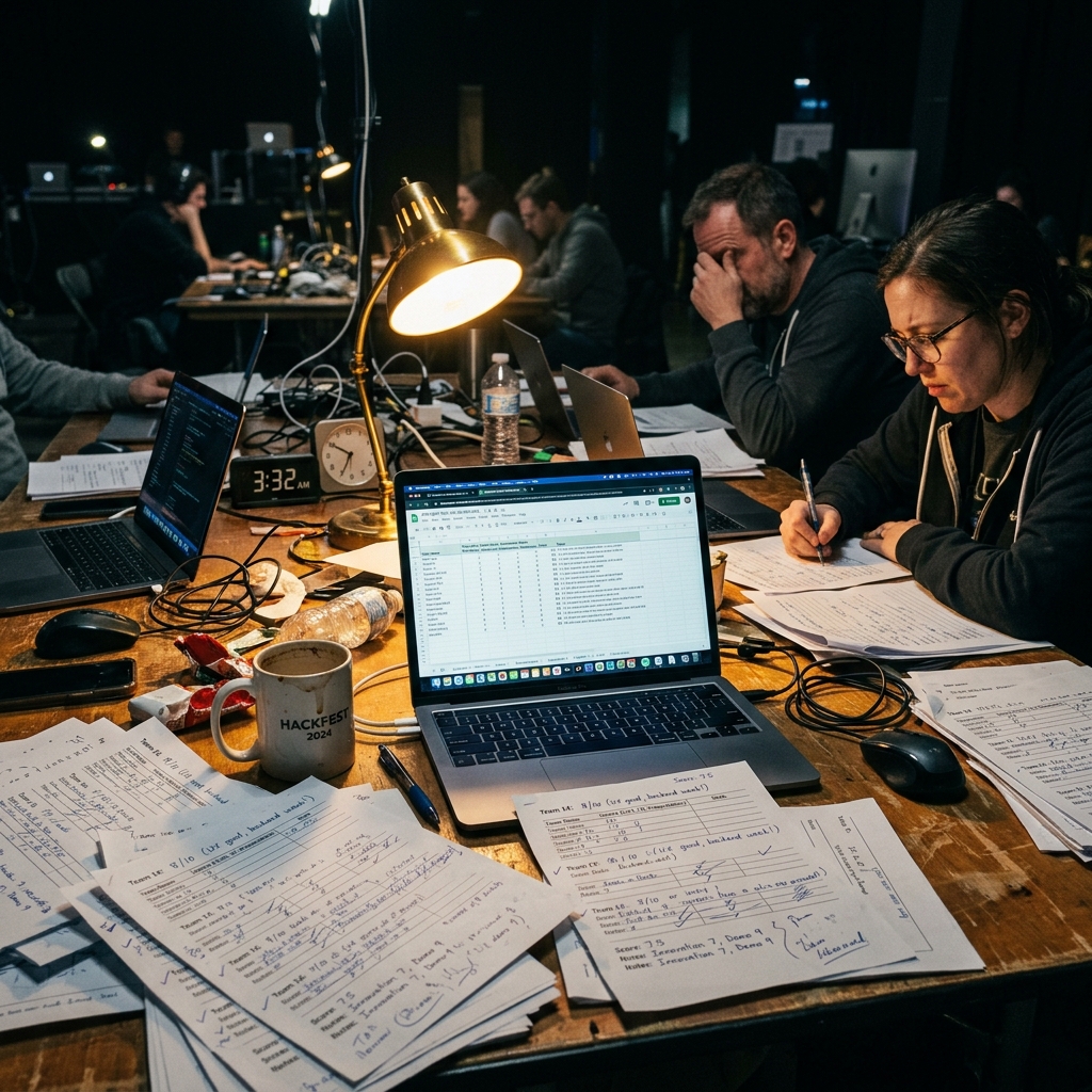 Traditional hackathon judging chaos with messy paper scoresheets and manual transcription errors