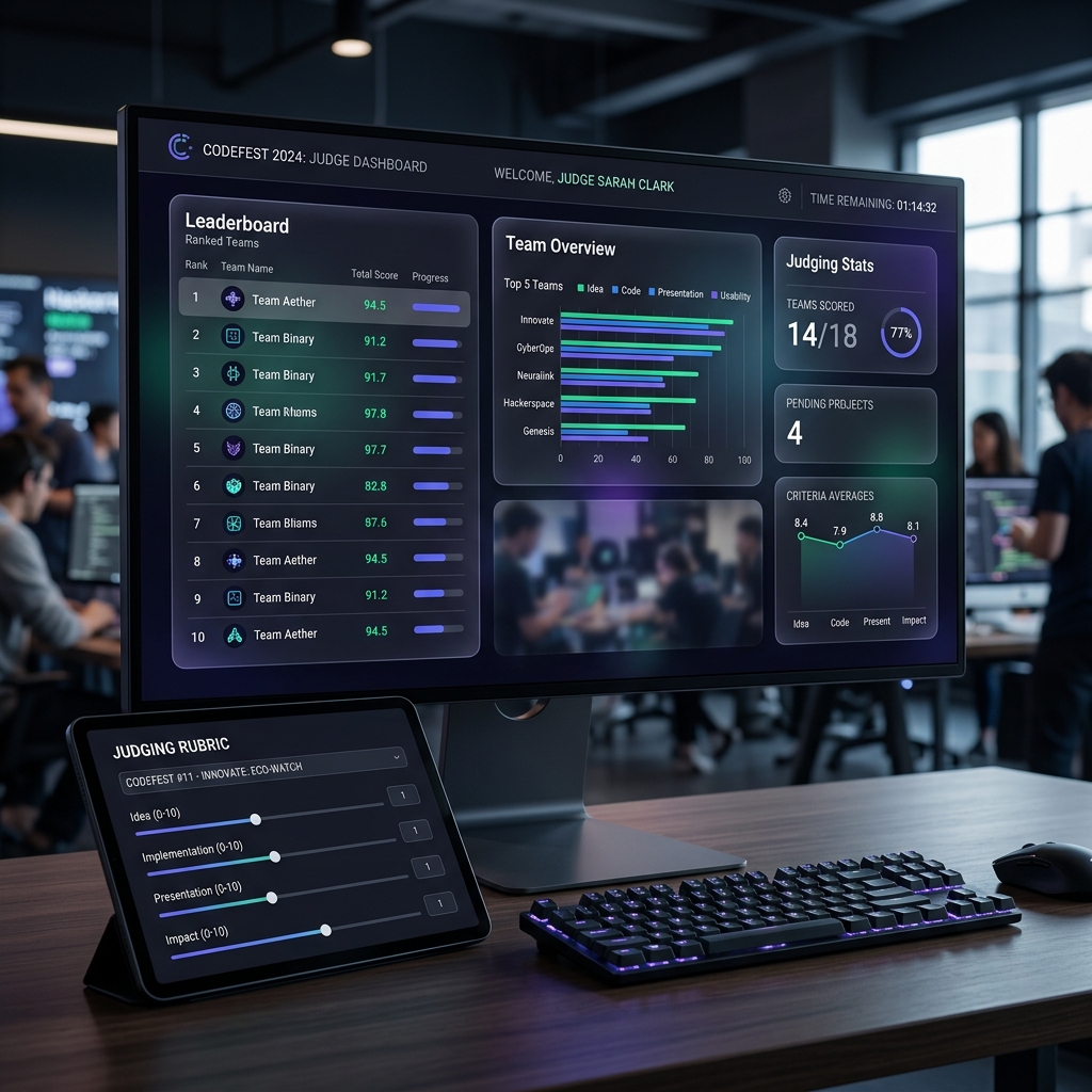 HackJudge digital rubric and real-time score syncing dashboard on a mobile device for judges